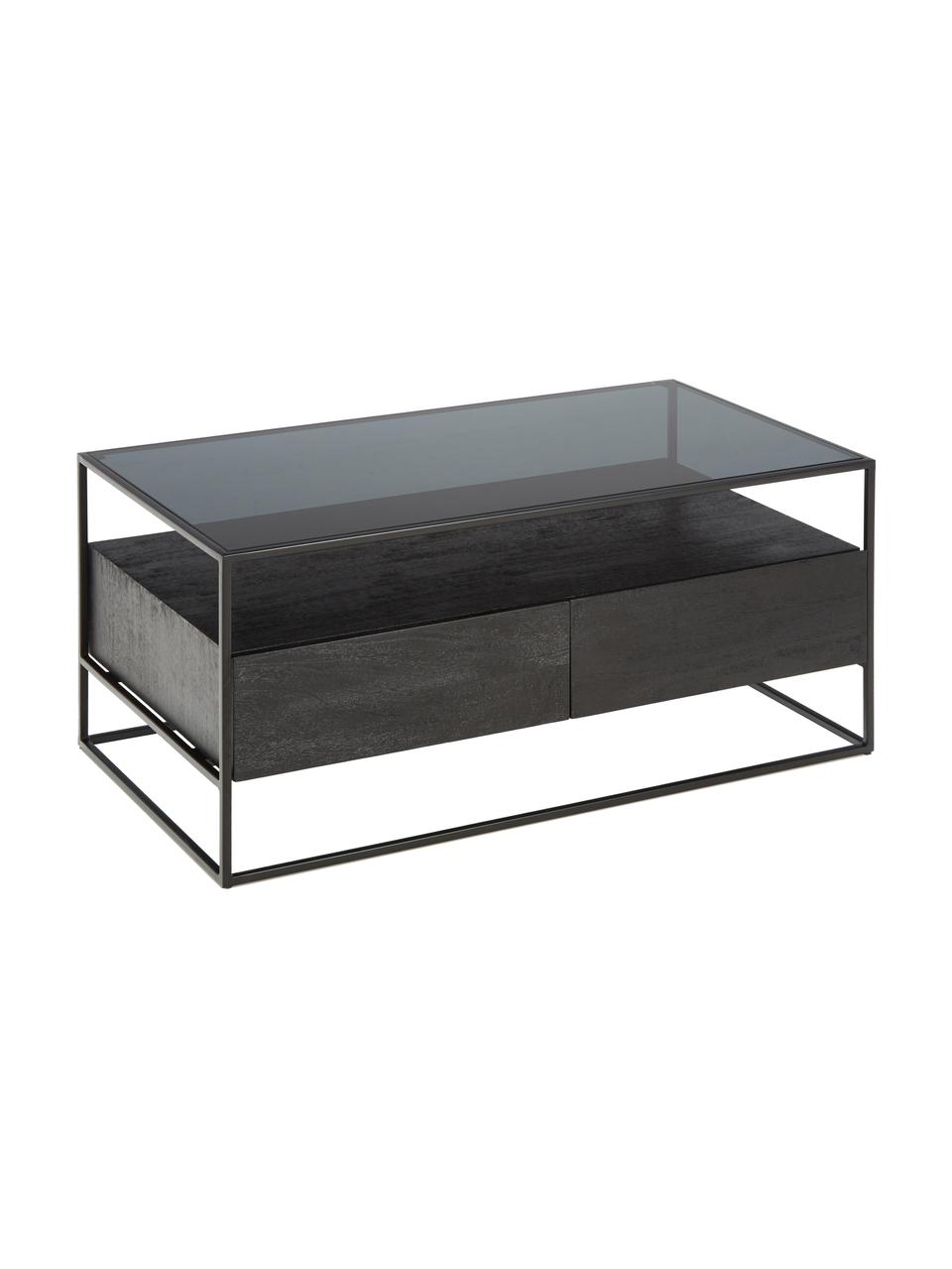 Mesa de centro de madera con cajones Theodor, Tablero: vidrio, Estructura: metal con pintura en polv, Madera de mango, negro, An 100 x F 55 cm
