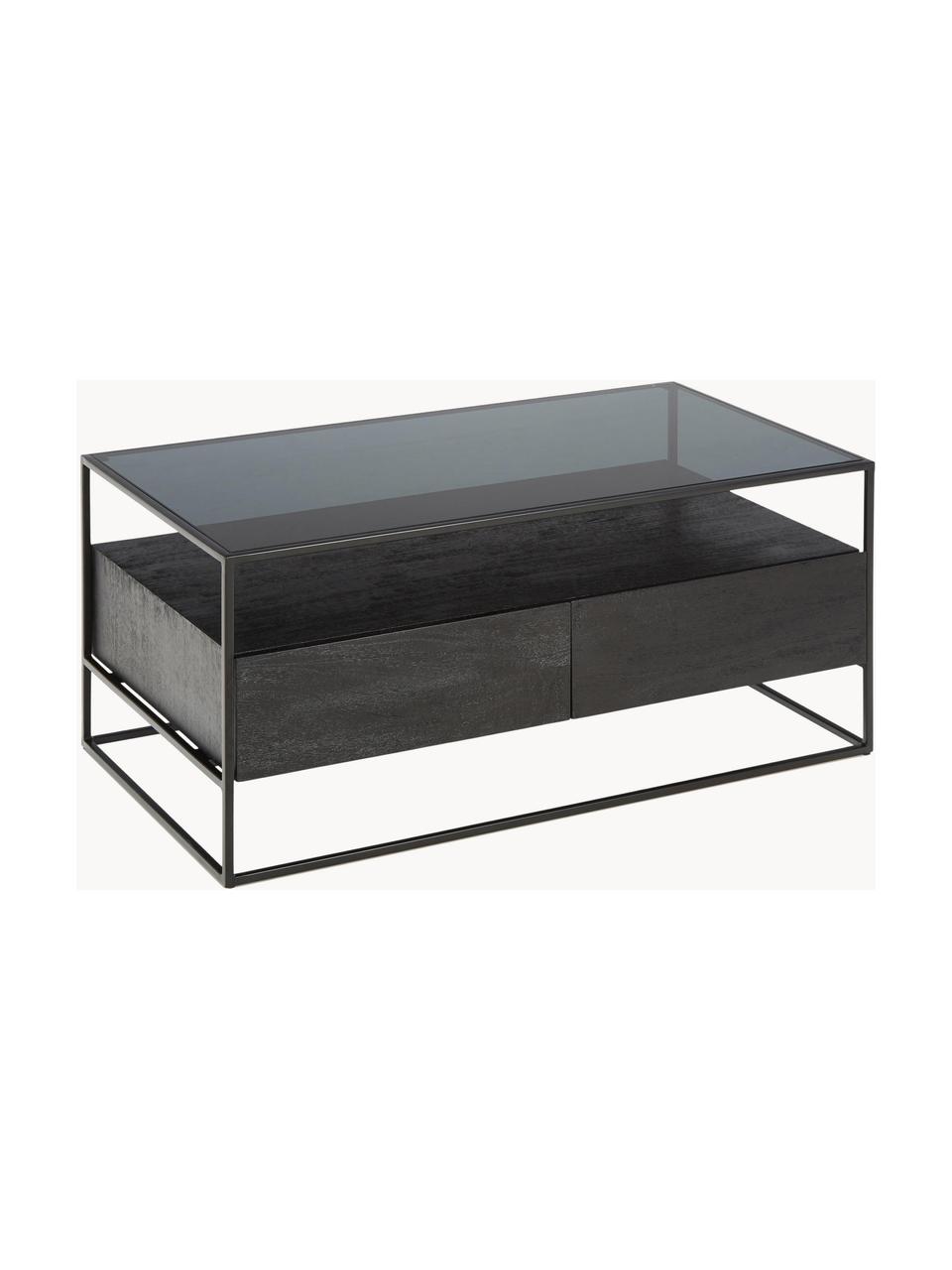 Mesa de centro de madera Theodor, Tablero: vidrio, Estructura: metal con pintura en polv, Madera de mango, negro, An 100 x F 55 cm