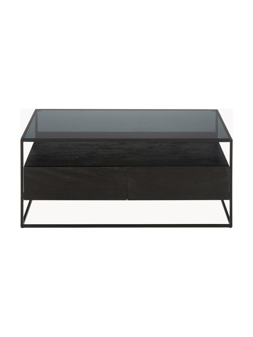 Mesa de centro de madera Theodor, Tablero: vidrio, Estructura: metal con pintura en polv, Madera de mango, negro, An 100 x F 55 cm