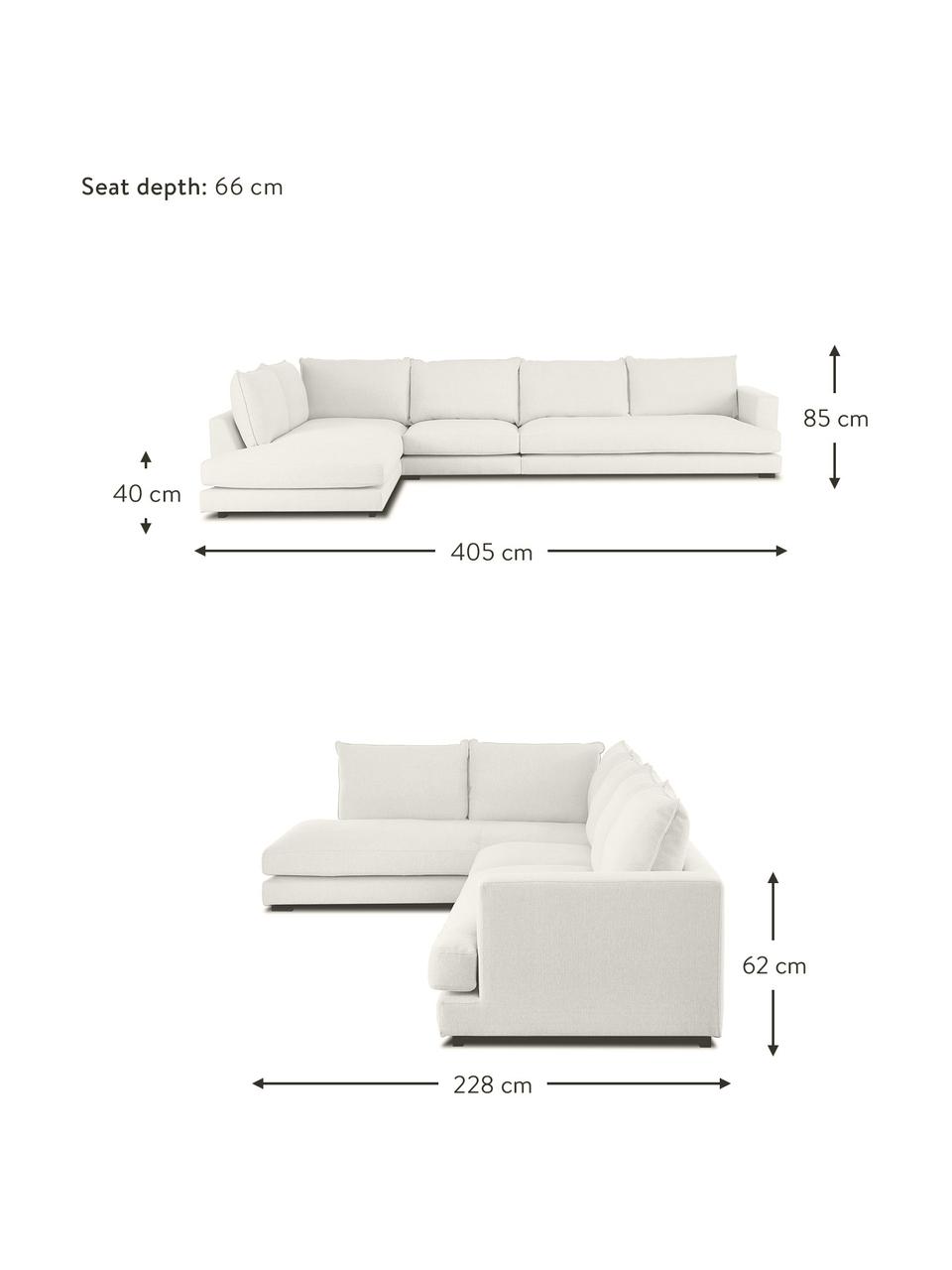 Divano angolare XL Tribeca, Rivestimento: poliestere Il rivestiment, Struttura: legno di pino massiccio, Piedini: legno massiccio di pino l, Tessuto beige, Larg. 405 x Prof. 228 cm, chaise-longue a sinistra