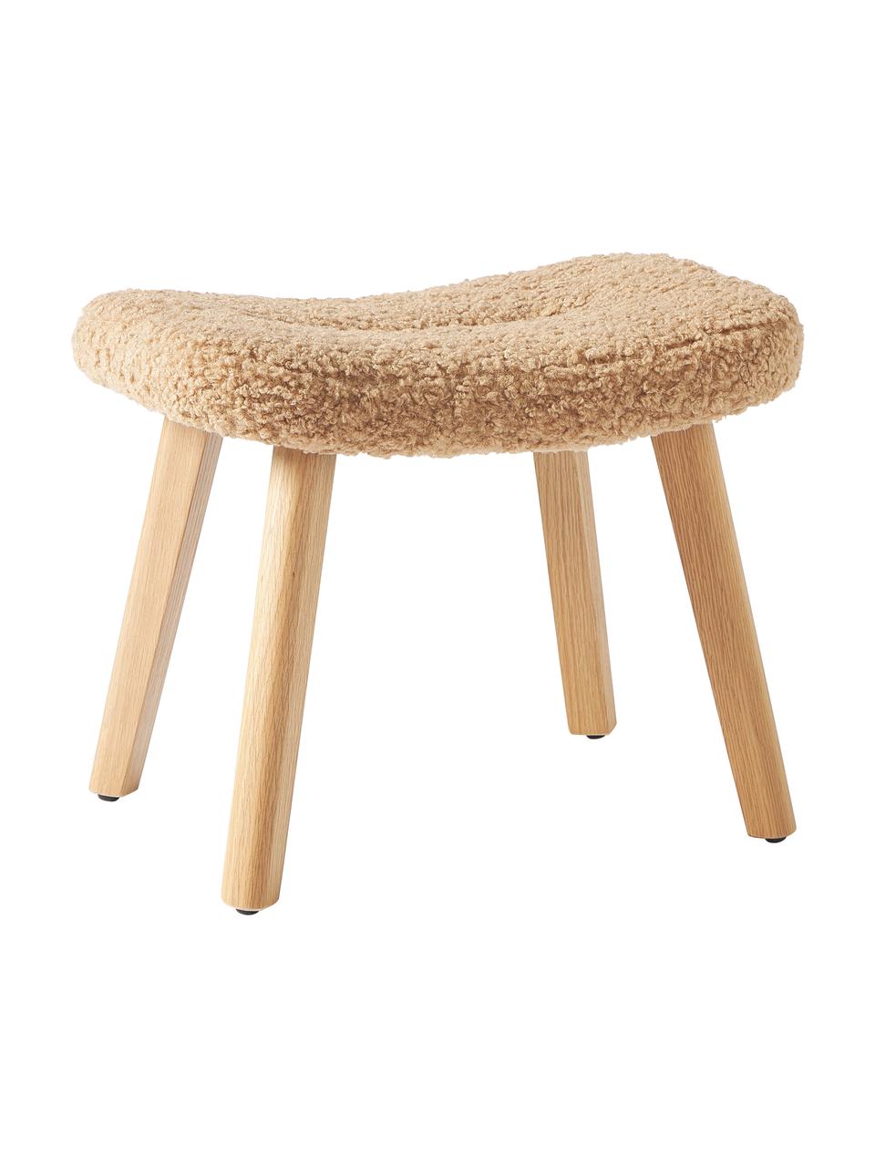 Tabouret en tissu bouclé Wing, Peluche caramel, bois de bouleau, larg. 50 x haut. 41 cm