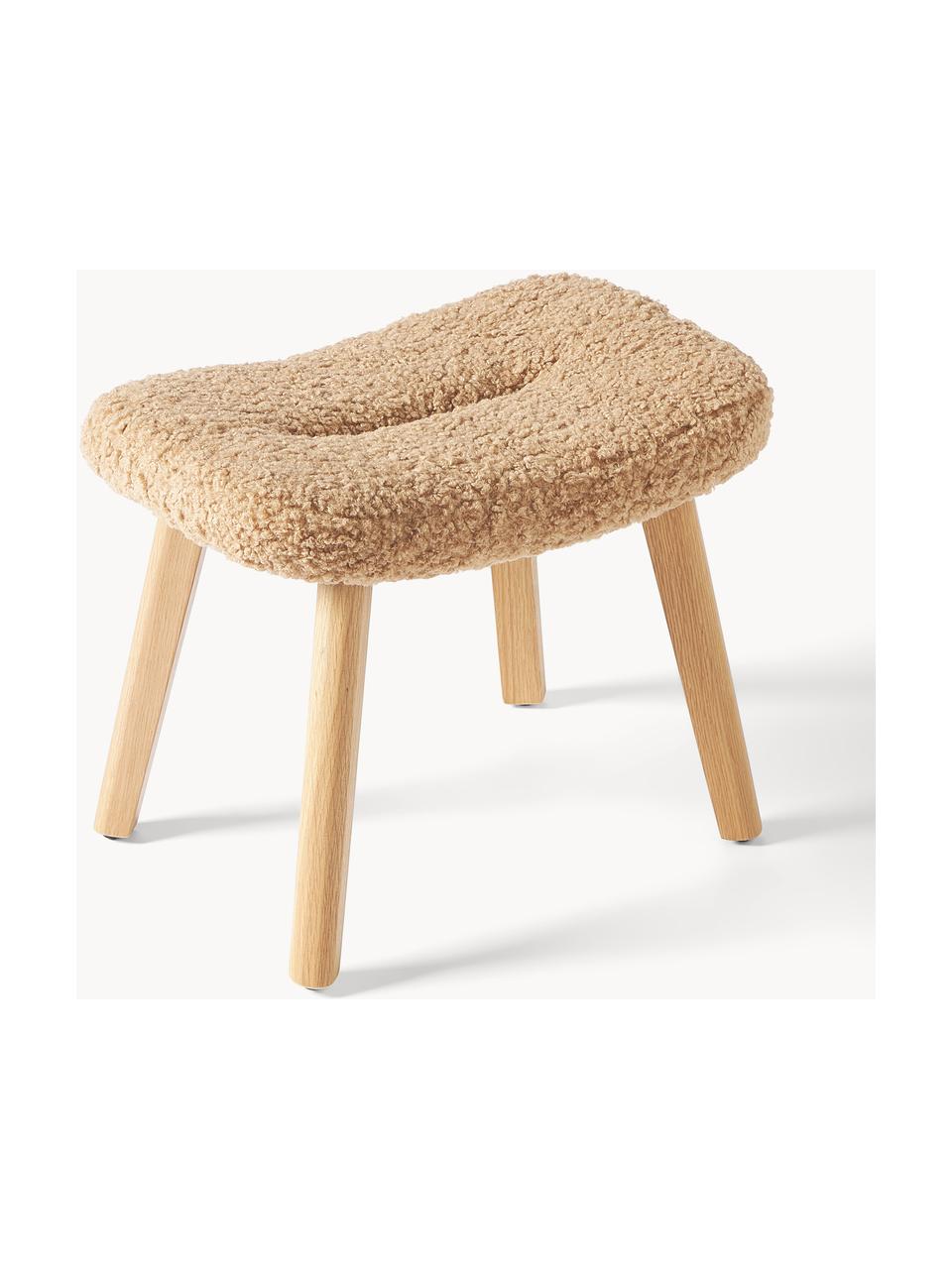 Tabouret en tissu bouclé Wing, Peluche brun clair, bois de bouleau, larg. 50 x haut. 41 cm