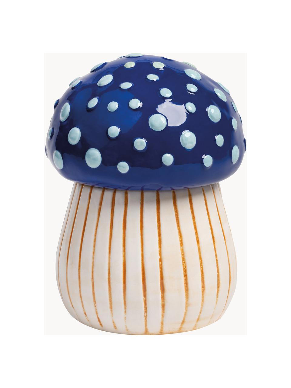 Handbemalte Aufbewahrungsdose Magic Mushroom aus Dolomit, Dolomit, Blautöne, Off White, Hellbraun, Ø 13 x H 17 cm