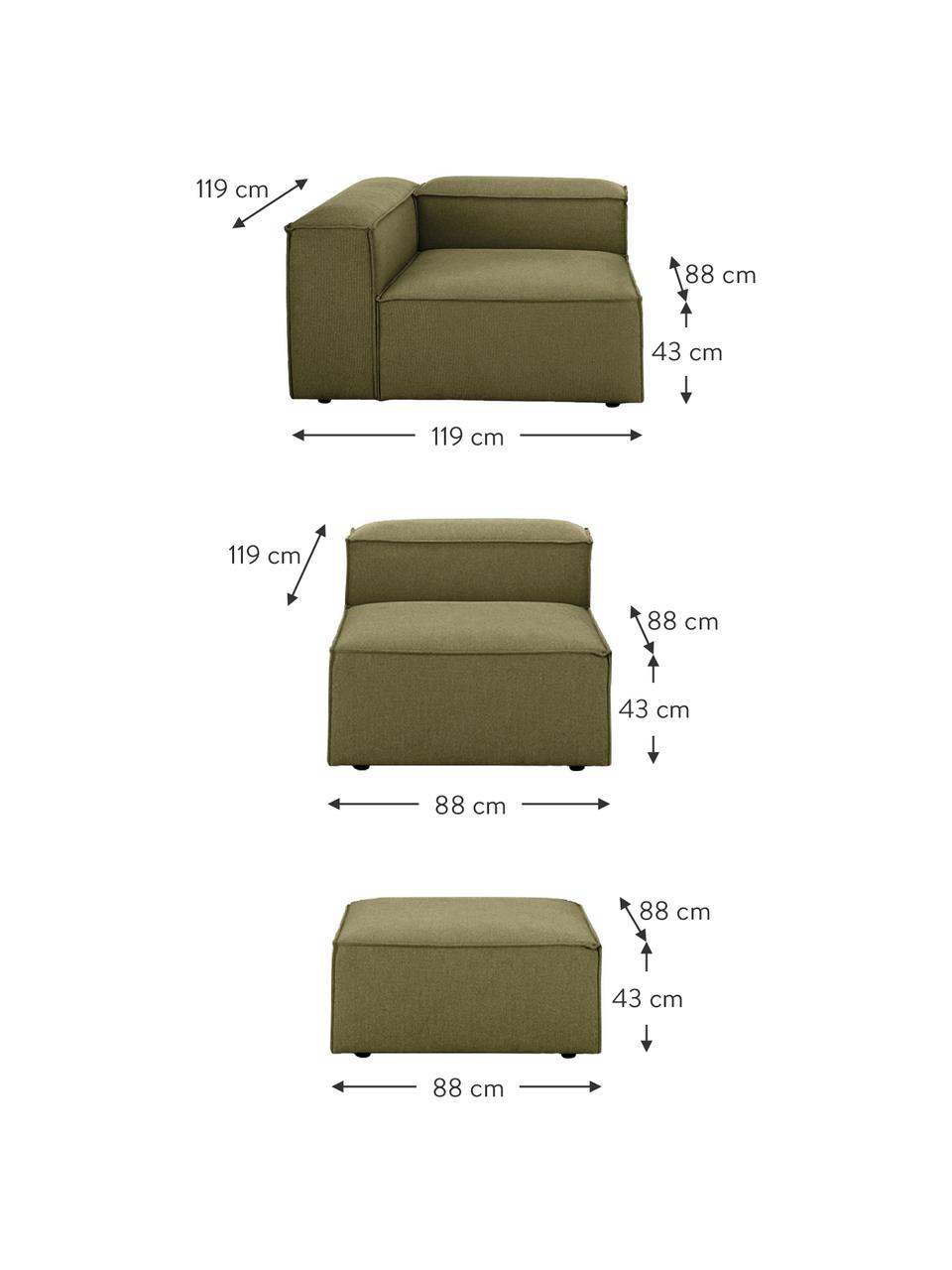 Modulaire bank Lennon (4-zits) met kruk, Bekleding: 100% polyester, Frame: massief grenenhout FSC-ge, Poten: kunststof, Geweven stof olijfgroen, B 327 x D 207 cm