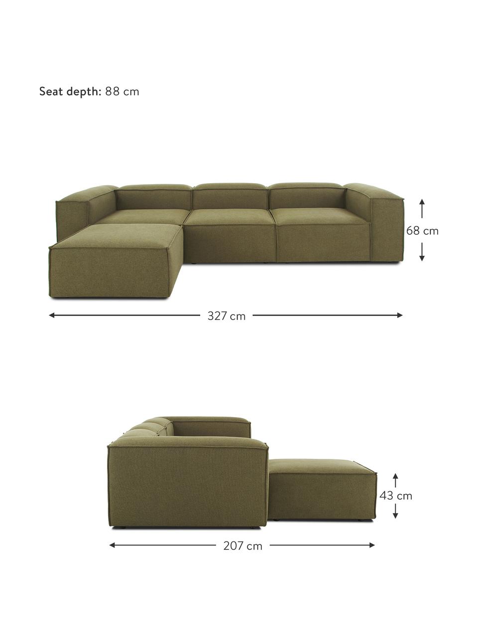 Divano componibile 4 posti con poggiapiedi Lennon, Rivestimento: 100% poliestere Con 115.0, Struttura: legno di pino massiccio, , Piedini: plastica, Tessuto verde, Larg. 327 x Prof. 207 cm