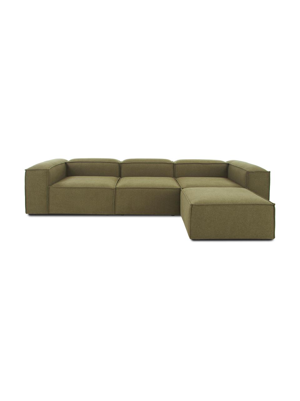 Canapé d'angle modulable 4 places avec tabouret Lennon, Tissu vert, larg. 327 x prof. 207 cm
