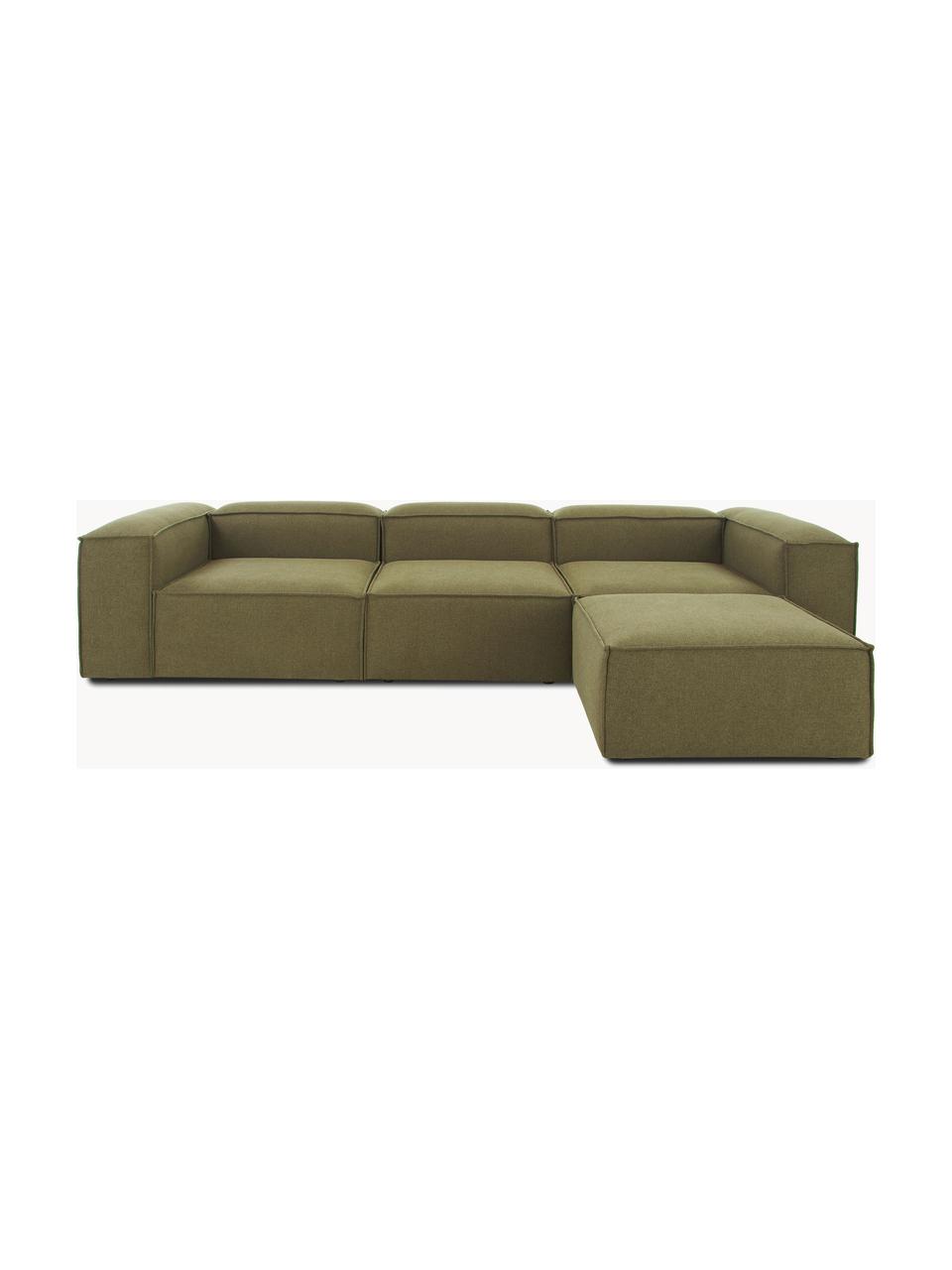 Modulaire bank Lennon (4-zits) met kruk, Bekleding: 100% polyester, Frame: massief grenenhout FSC-ge, Poten: kunststof, Geweven stof olijfgroen, B 327 x D 207 cm