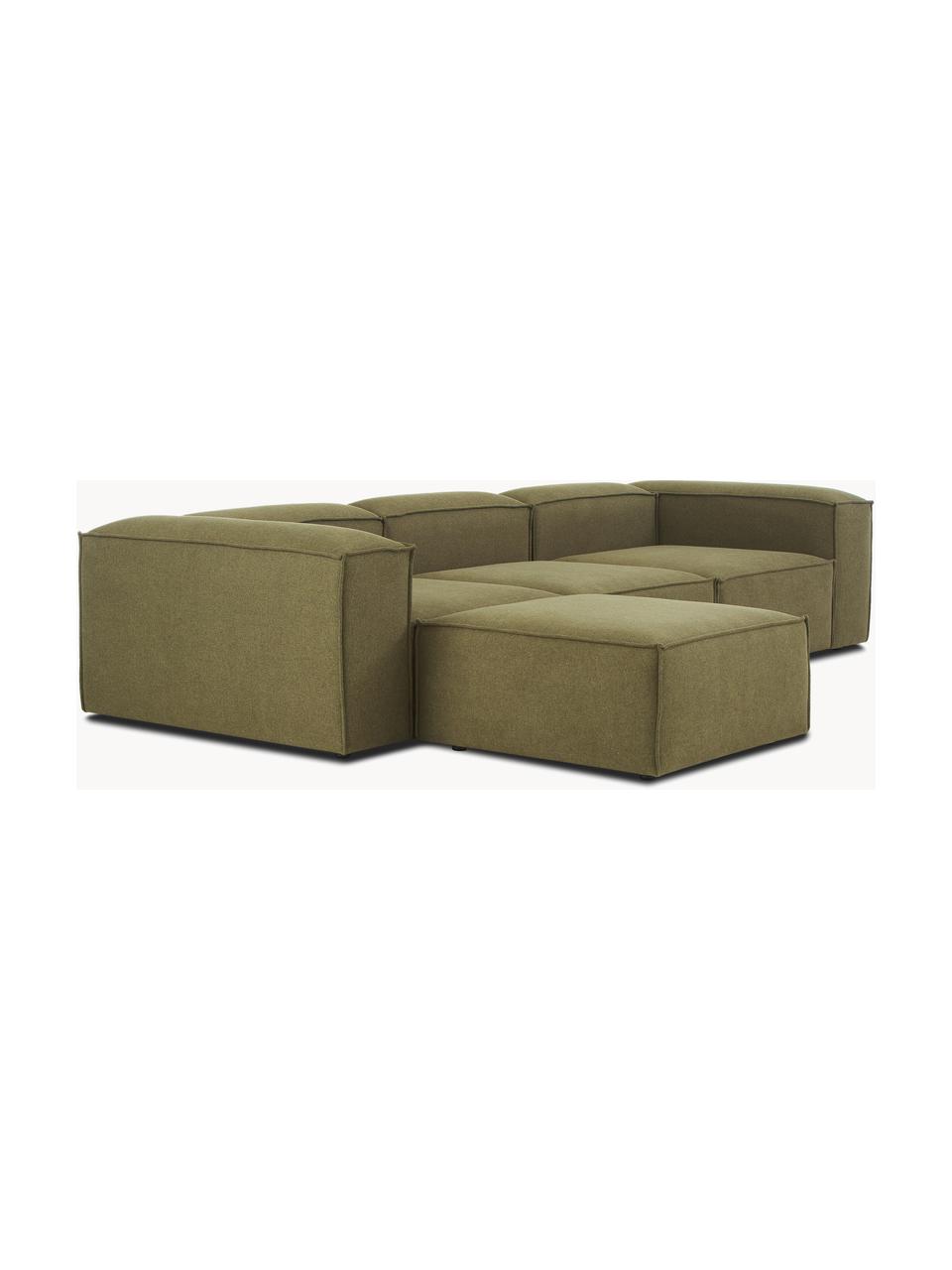 Canapé d'angle modulable 4 places avec pouf Lennon, Tissu vert olive, larg. 327 x prof. 207 cm