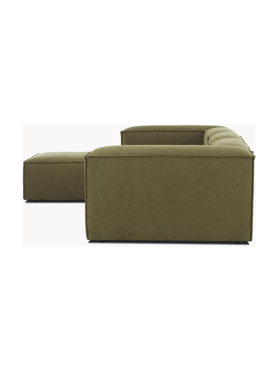 Canapé d'angle modulable 4 places avec pouf Lennon, Tissu vert olive, larg. 327 x prof. 207 cm