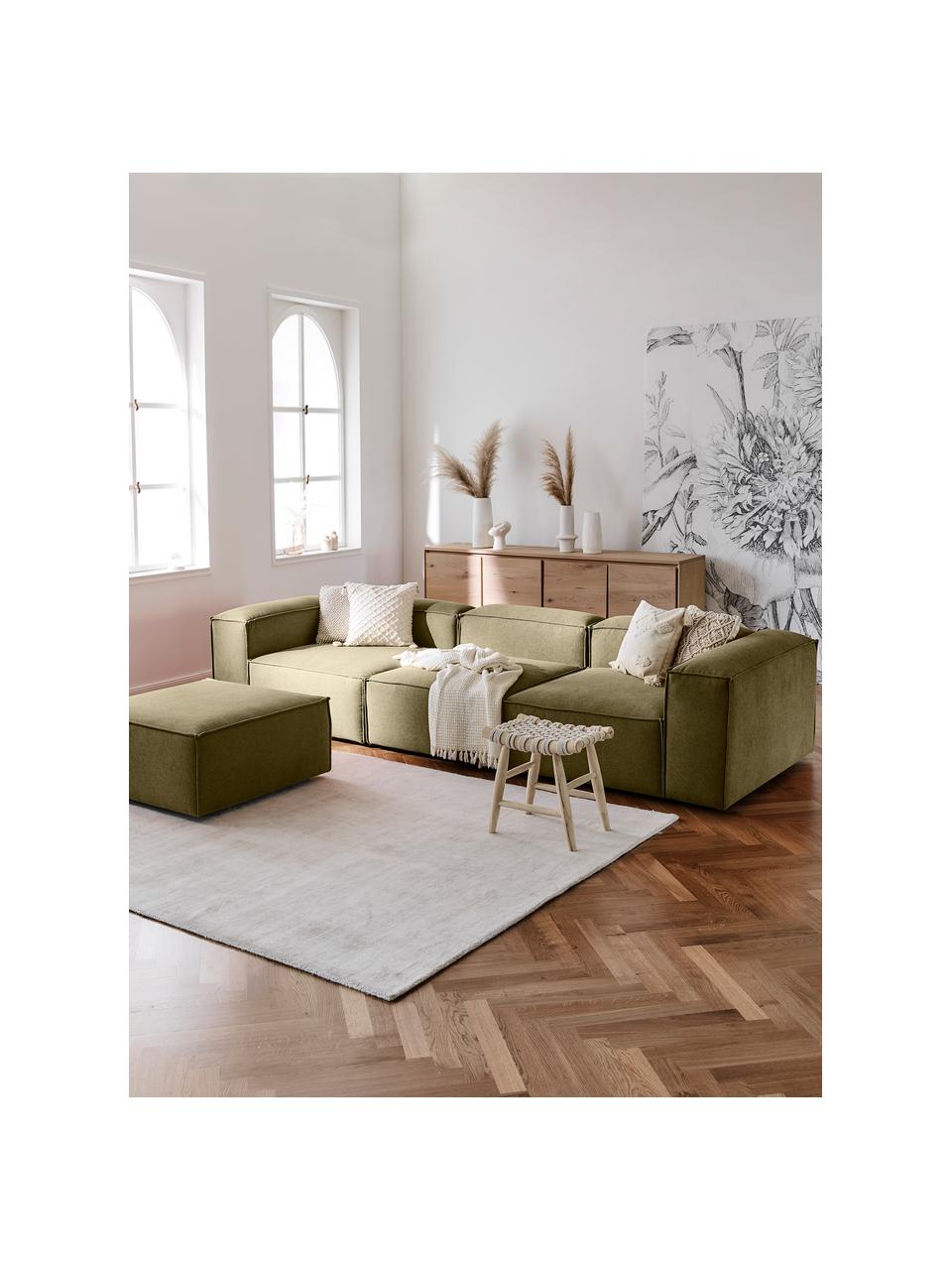 Canapé d'angle modulable 4 places avec pouf Lennon, Tissu vert olive, larg. 329 x prof. 207 cm