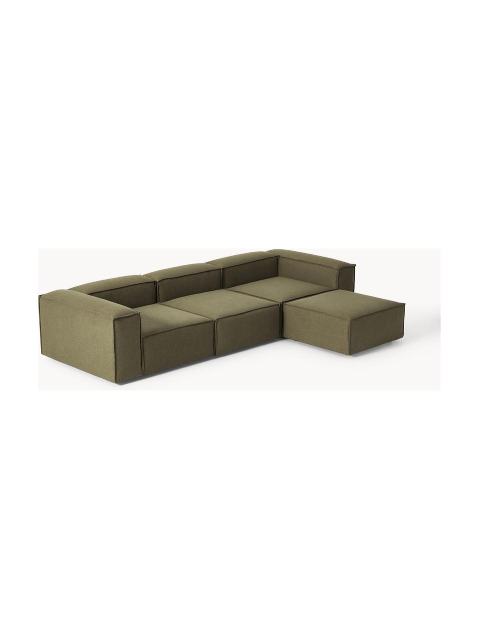 Canapé d'angle modulable 4 places avec pouf Lennon, Tissu vert olive, larg. 329 x prof. 207 cm