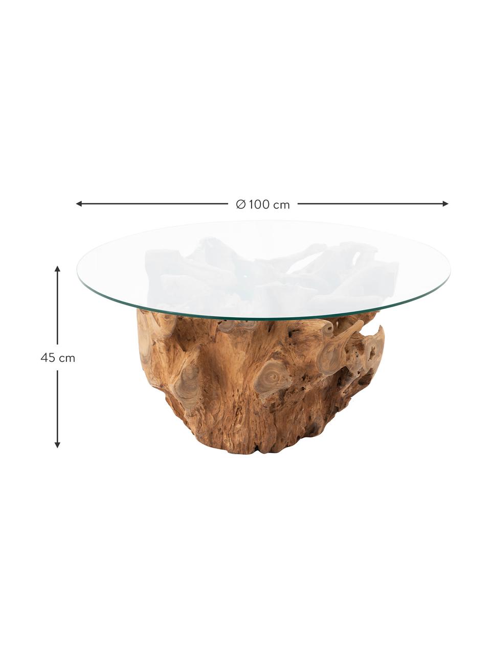 Mesa de centro de madera y vidrio Root, Tablero: vidrio, Estructura: madera, Marrón, transparente, Ø 100 x Al 45 cm