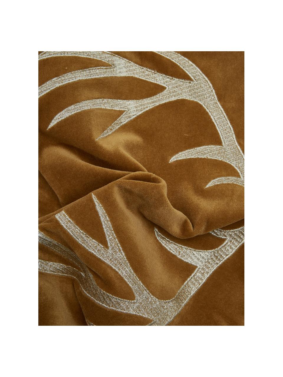 Cuscino in velluto giallo ricamato con motivo cervo Embroidered Antler, Rivestimento: 100% velluto di cotone, Giallo senape, bianco, Larg. 30 x Lung. 50 cm