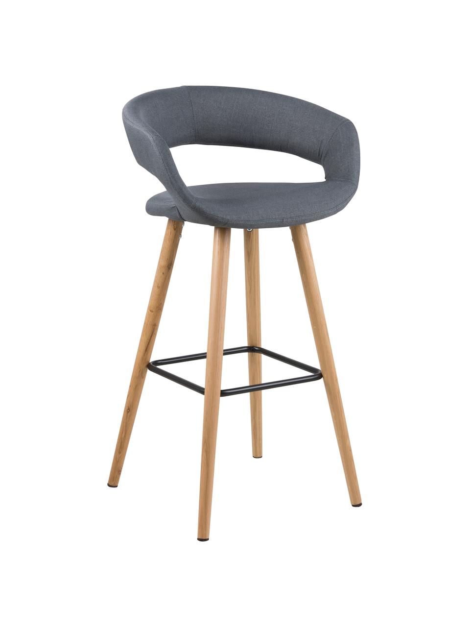 Barstoelen Grace, 2 stuks, Bekleding: 100% polyester, Poten: eikenhout, Bekleding: donkergrijs. Poten: eikenhoutkleurig. Voetsteun: zwart, 56 x 97 cm