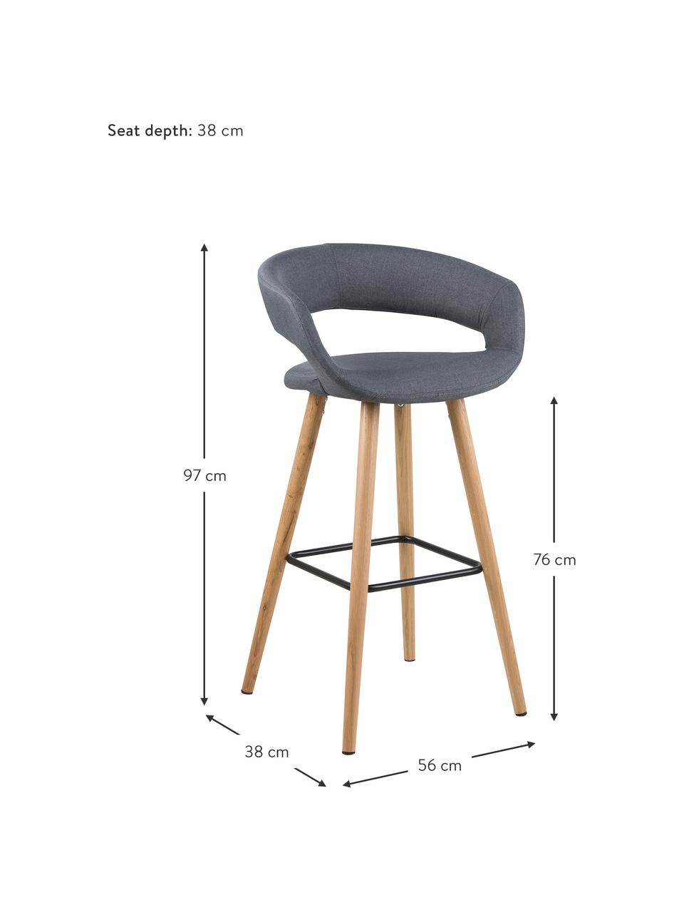 Barstoelen Grace, 2 stuks, Bekleding: 100% polyester, Poten: eikenhout, Bekleding: donkergrijs. Poten: eikenhoutkleurig. Voetsteun: zwart, 56 x 97 cm