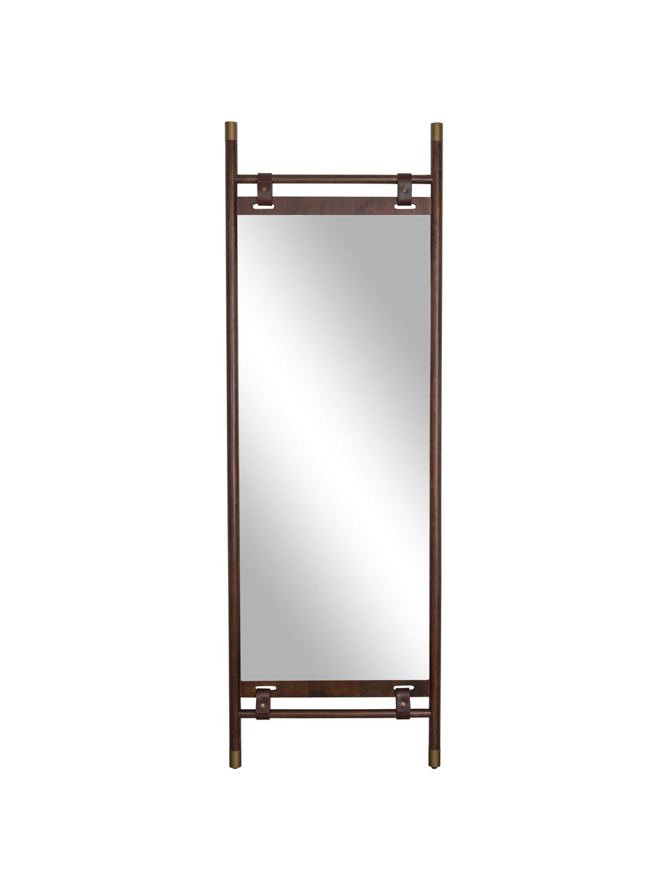 Spiegel Riva met een bruin houten frame en leren riemen, Lijst: beukenhout, Donkerbruin, B 60 x H 180 cm