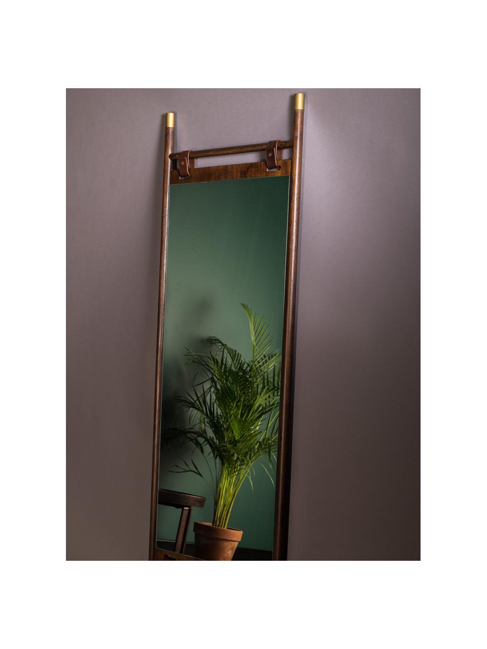 Spiegel Riva met een bruin houten frame en leren riemen, Lijst: beukenhout, Donkerbruin, B 60 x H 180 cm