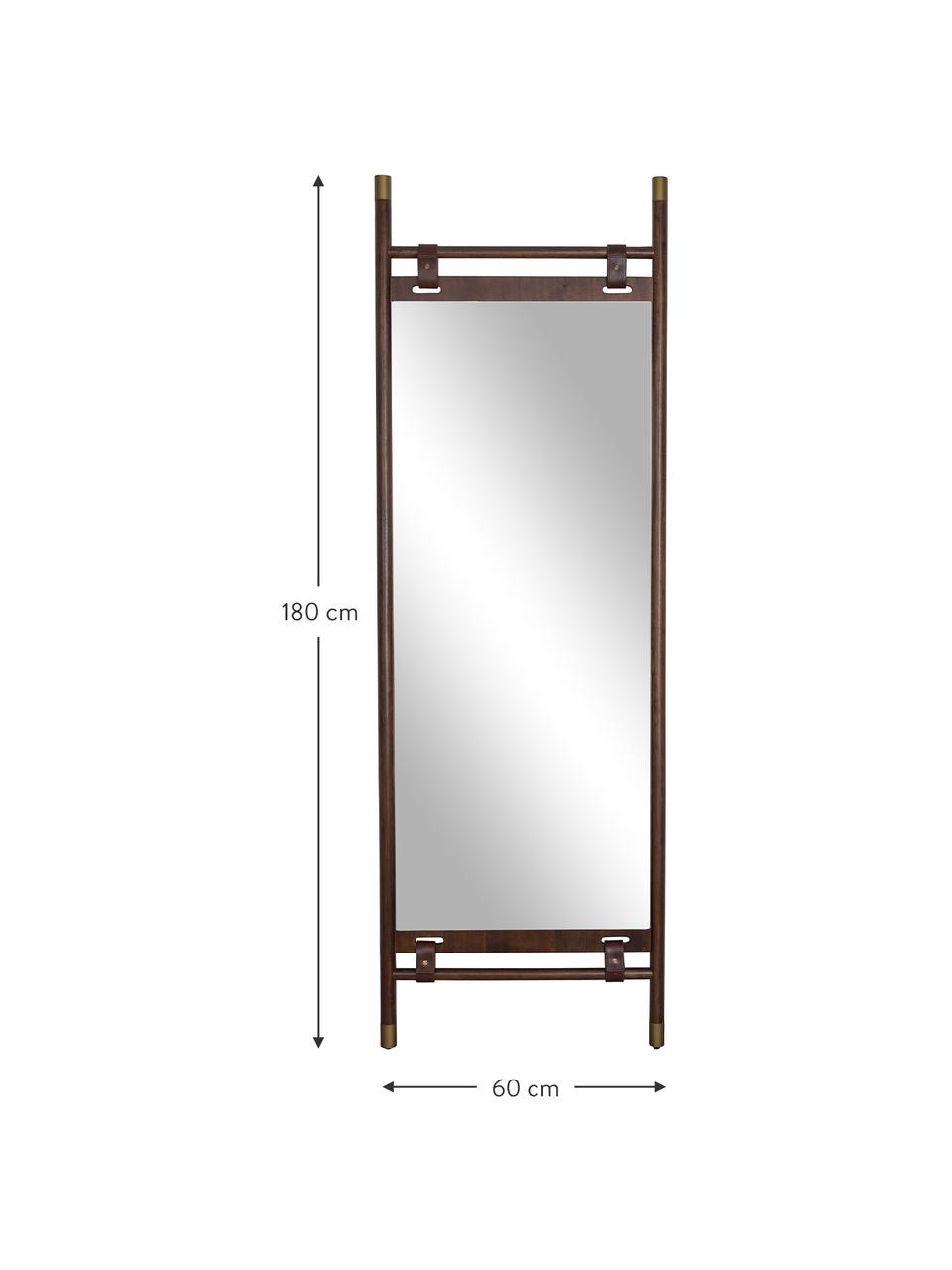 Spiegel Riva met een bruin houten frame en leren riemen, Lijst: beukenhout, Donkerbruin, B 60 x H 180 cm