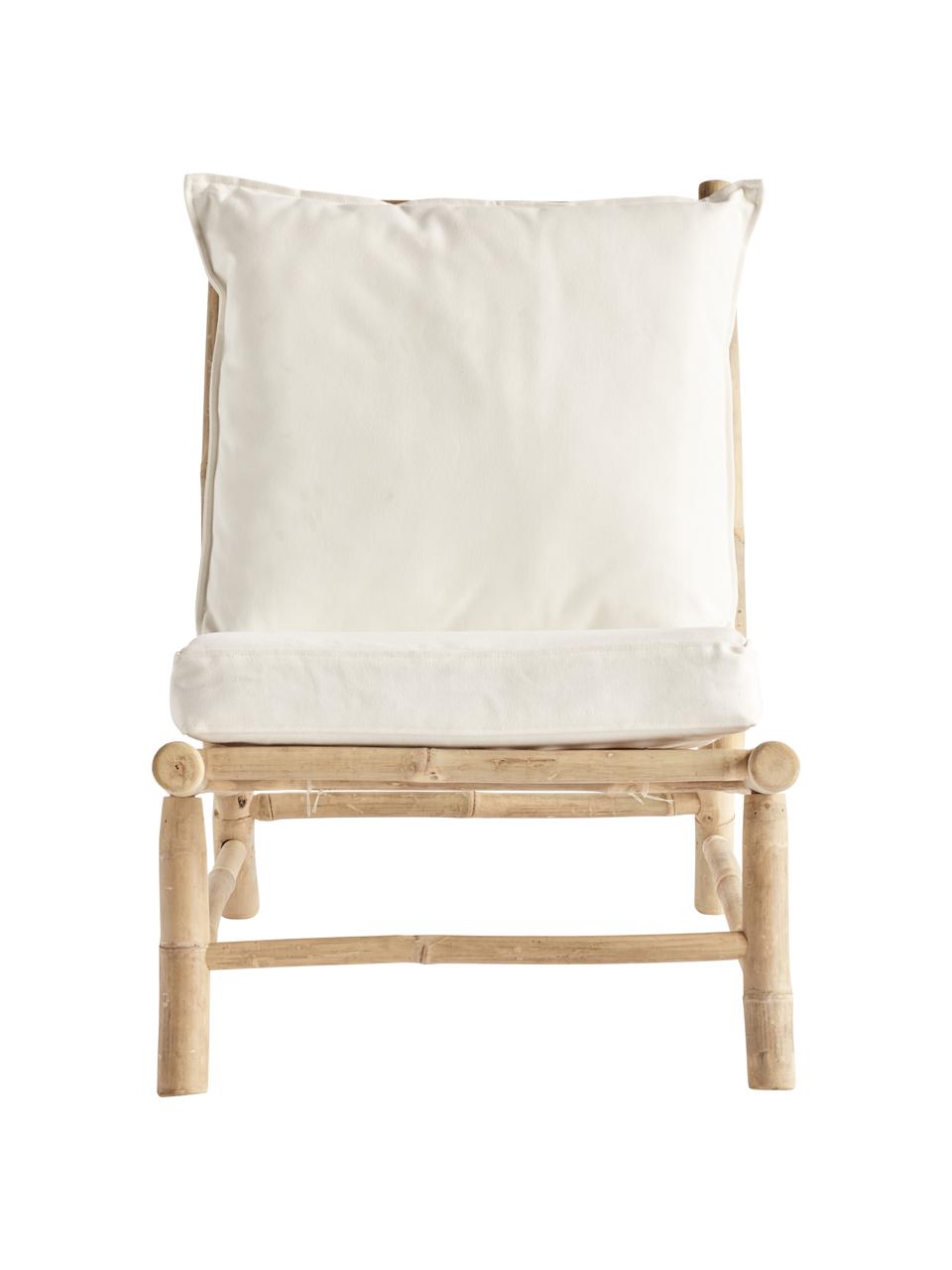 Fotel wypoczynkowy z drewna bambusowego Bamslow, Stelaż: drewno bambusowe, Tapicerka: 100% bawełna, Biały, brązowy, S 55 x G 87 cm
