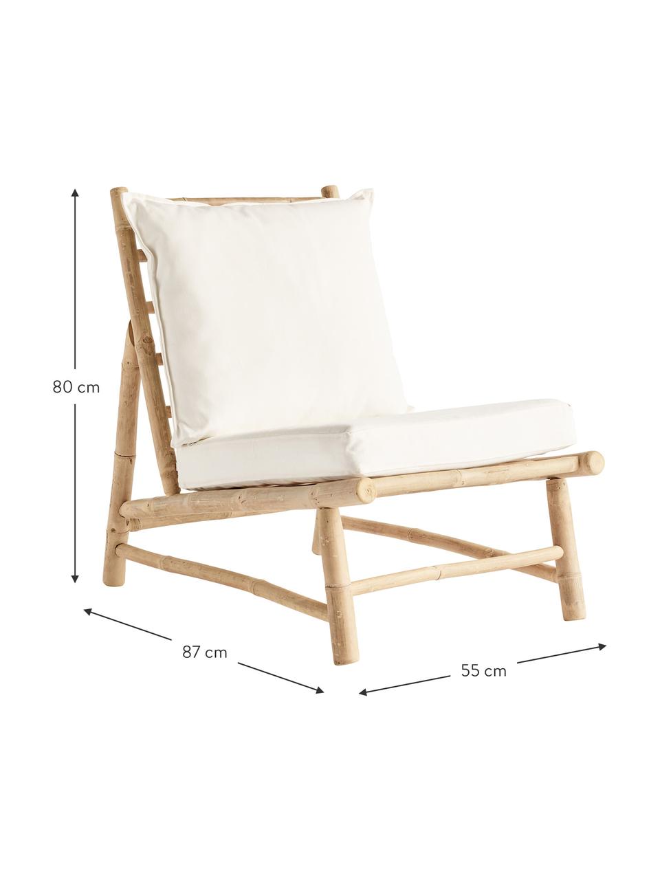 Fotel wypoczynkowy z drewna bambusowego Bamslow, Stelaż: drewno bambusowe, Tapicerka: 100% bawełna, Biały, brązowy, S 55 x G 87 cm
