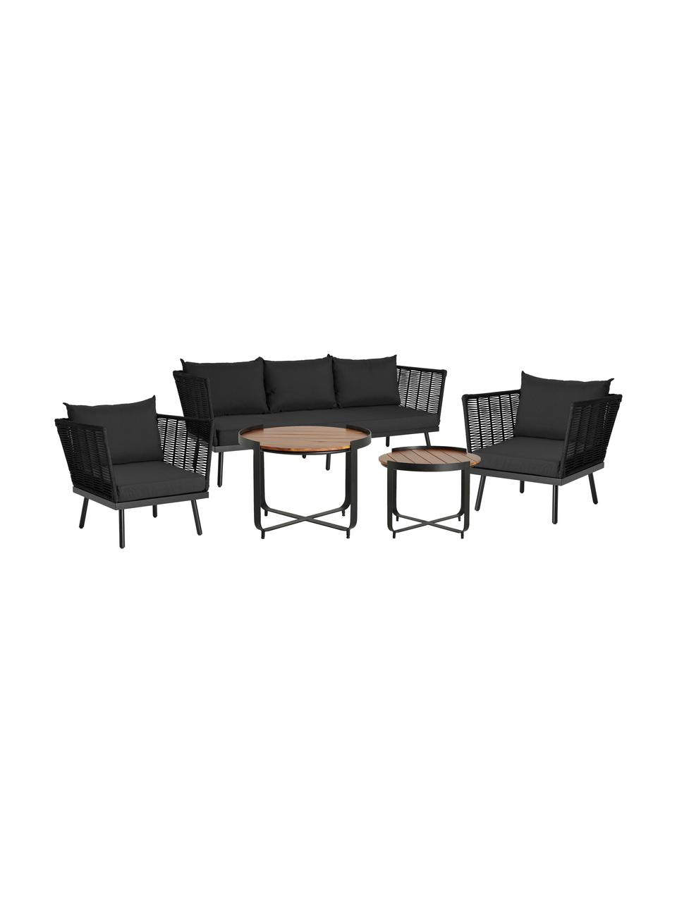 Tuin loungeset Vadstena in donkerbruin/zwart, 5-delig, Bekleding: polyester, Tafelblad: acaciahout, Zwart, Set met verschillende formaten