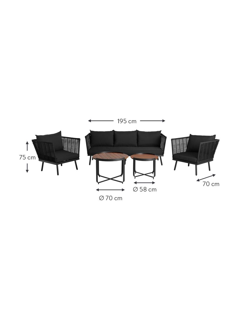 Set lounge para exterior Vadstena, 5 pzas., Tapizado: poliéster, Tablero: acacia, Negro, Set de diferentes tamaños