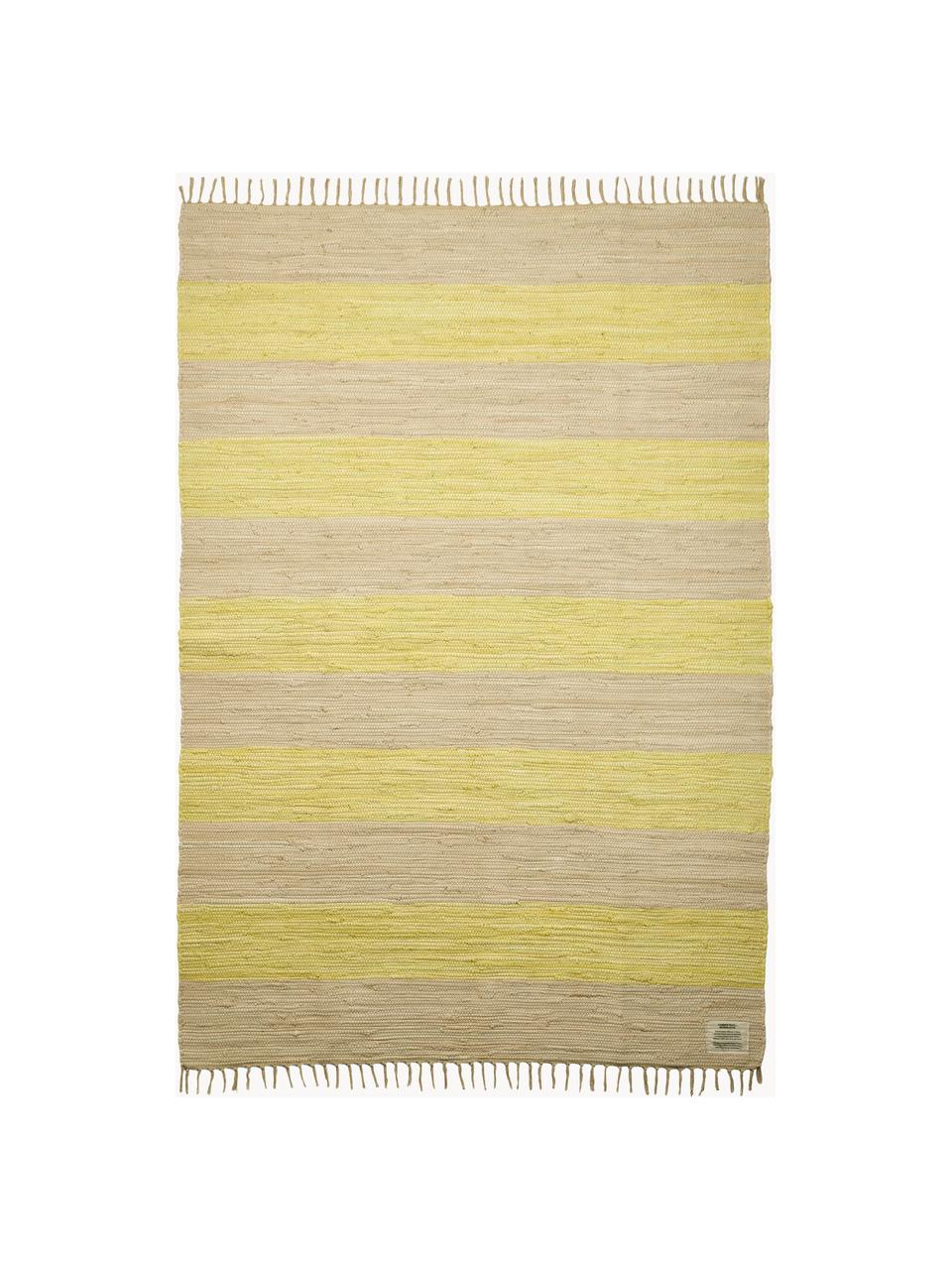 Tappeto in cotone tessuto a mano con frange Chindi, 100% cotone, Giallo chiaro, beige chiaro, Larg. 60 x Lung. 90 cm (taglia XXS)