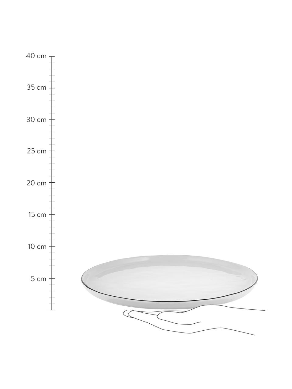 Platos llanos artesanales de porcelana Salt, 4 uds., Porcelana, Blanco crudo con borde negro, Ø 28 cm