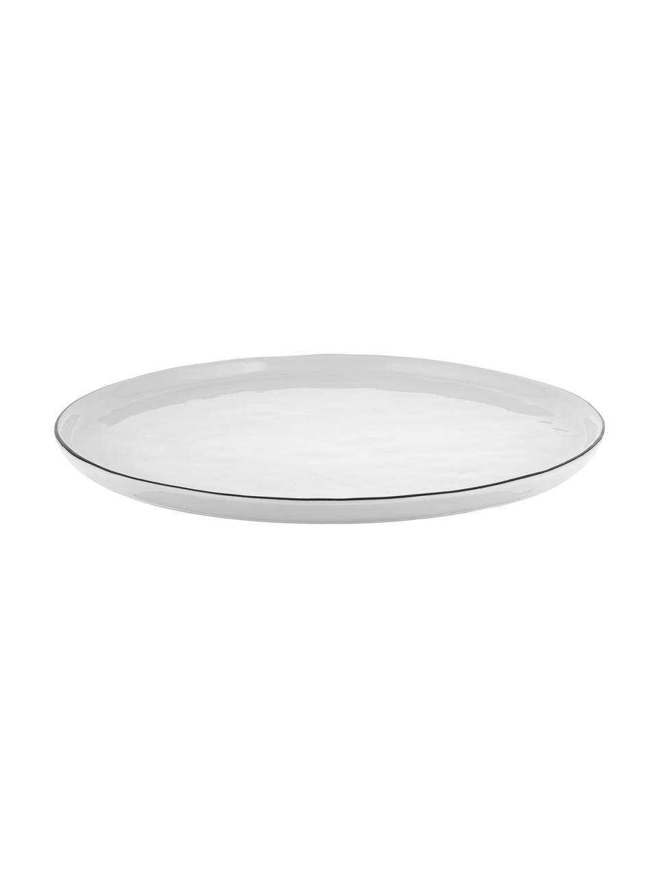 Assiettes plates artisanales en porcelaine Salt, 4 pièces, Porcelaine, Blanc cassé avec bordure noire, Ø 28 cm
