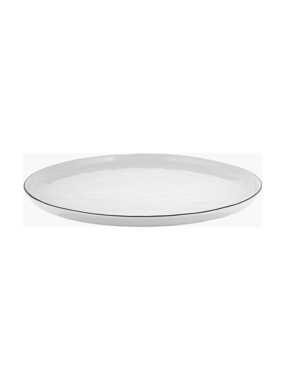 Handgemachte Speiseteller Salt aus Porzellan, 4 Stück, Porzellan, Gebrochenes Weiß mit schwarzem Rand, Ø 28 cm