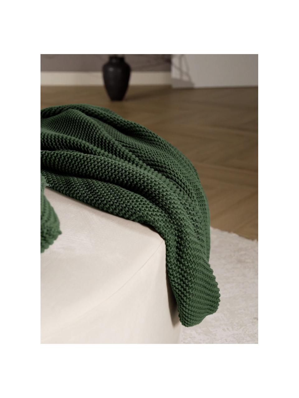 Plaid en tricot Adalyn, 100 % coton bio, certifié GOTS, Vert foncé, larg. 150 x long. 200 cm