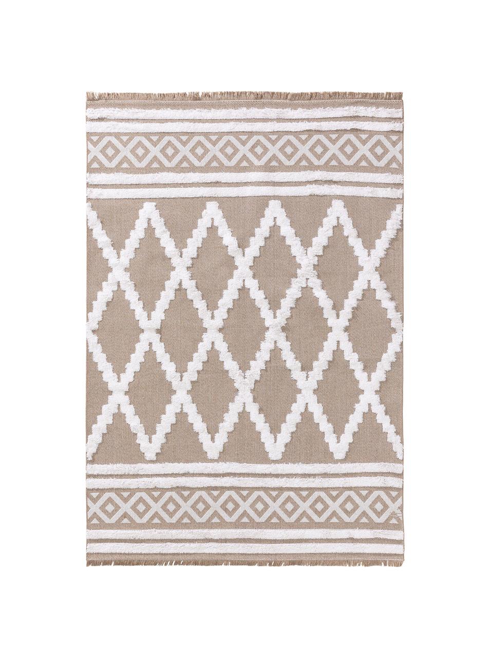 Waschbarer Baumwollteppich Oslo Karo mit Hoch-Tief-Strukturmuster und Fransen, 100% Baumwolle, Taupe, Cremeweiß, B 75 x L 150 cm (Größe XS)