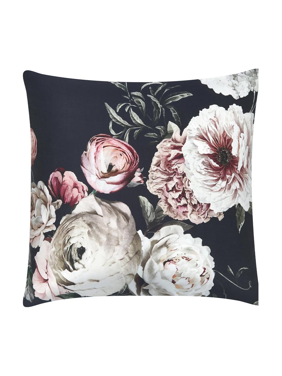 Taies d'oreiller en satin de coton Blossom, 2 pièces, 65 x 65 cm, Noir, motif floral, larg. 65 x long. 65 cm