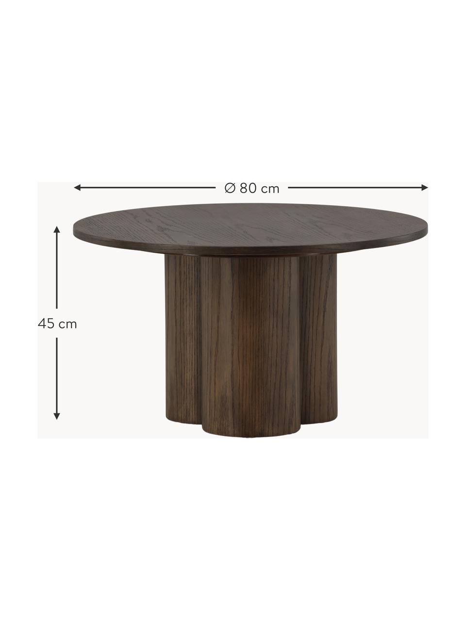 Mesa de centro redonda de madera Olivia, Tablero de fibras de densidad media (MDF) con chapado en madera de roble, Madera barnizada oscura, Ø 80 cm