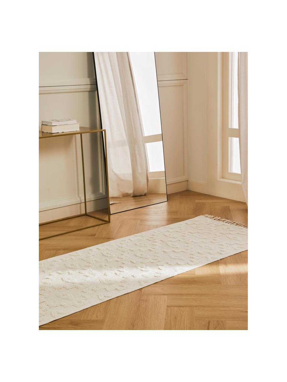 Handgewebter Baumwollläufer Idris mit erhabener Hoch-Tief-Struktur, 100% Baumwolle, Cremeweiß, B 80 x L 200 cm