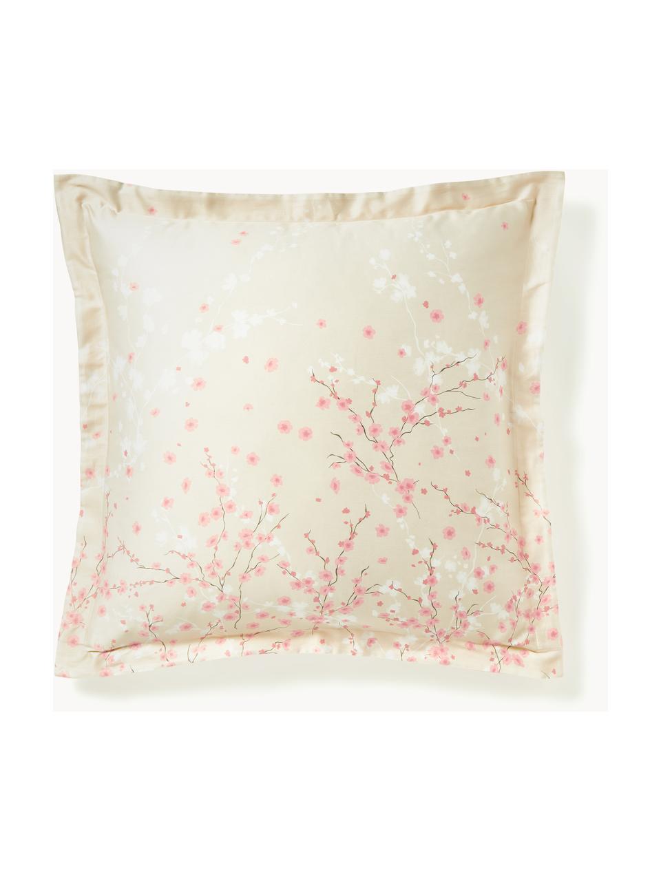Taie d'oreiller en satin de coton à motif floral Sakura, Beige clair, rose pâle, blanc, larg. 65 x long. 65 cm