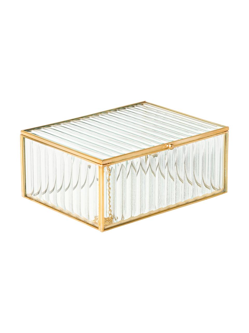 Opbergdoos Laurena met groefreliëf van glas, Frame: gecoat metaal, Transparant, messingkleurig, B 16 x H 7 cm