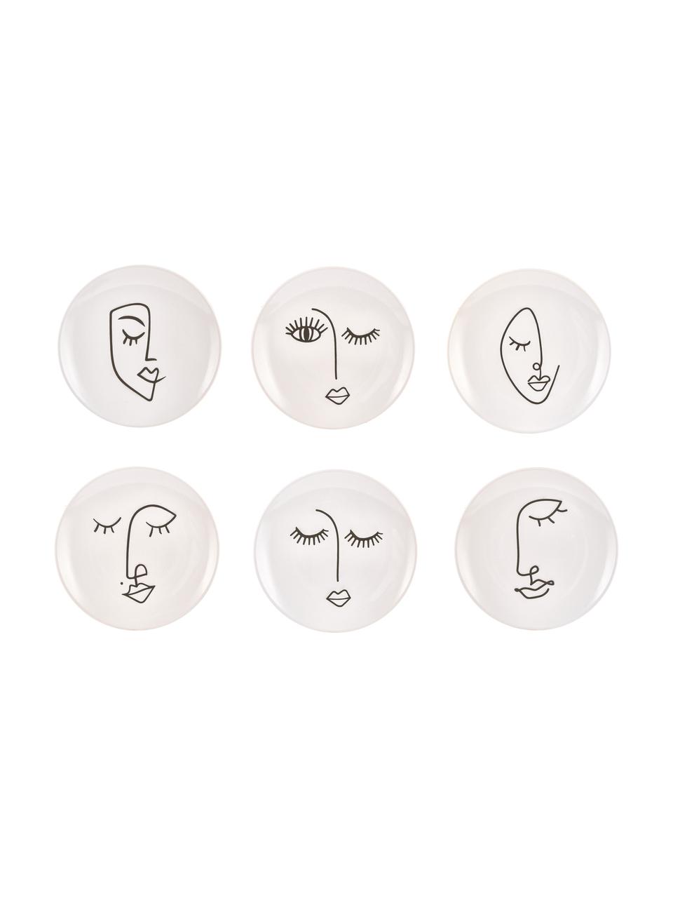 Ręcznie wykonany talerz śniadaniowy Face, 6 szt., Ceramika, Biały, czarny, Ø 20 cm