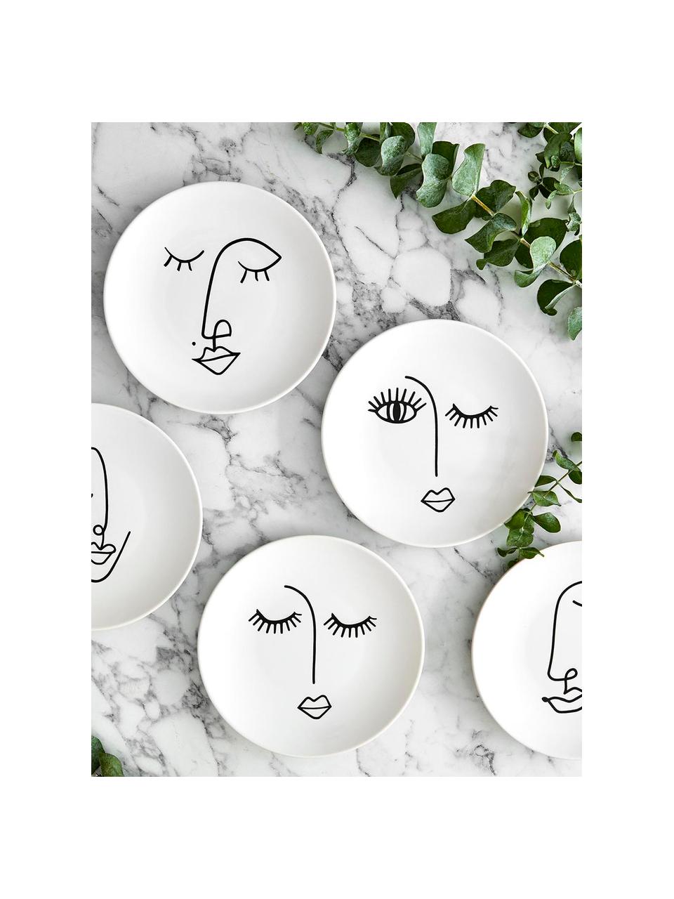 Set 6 piatti con disegno Face, Ceramica, Bianco, nero, Ø 20