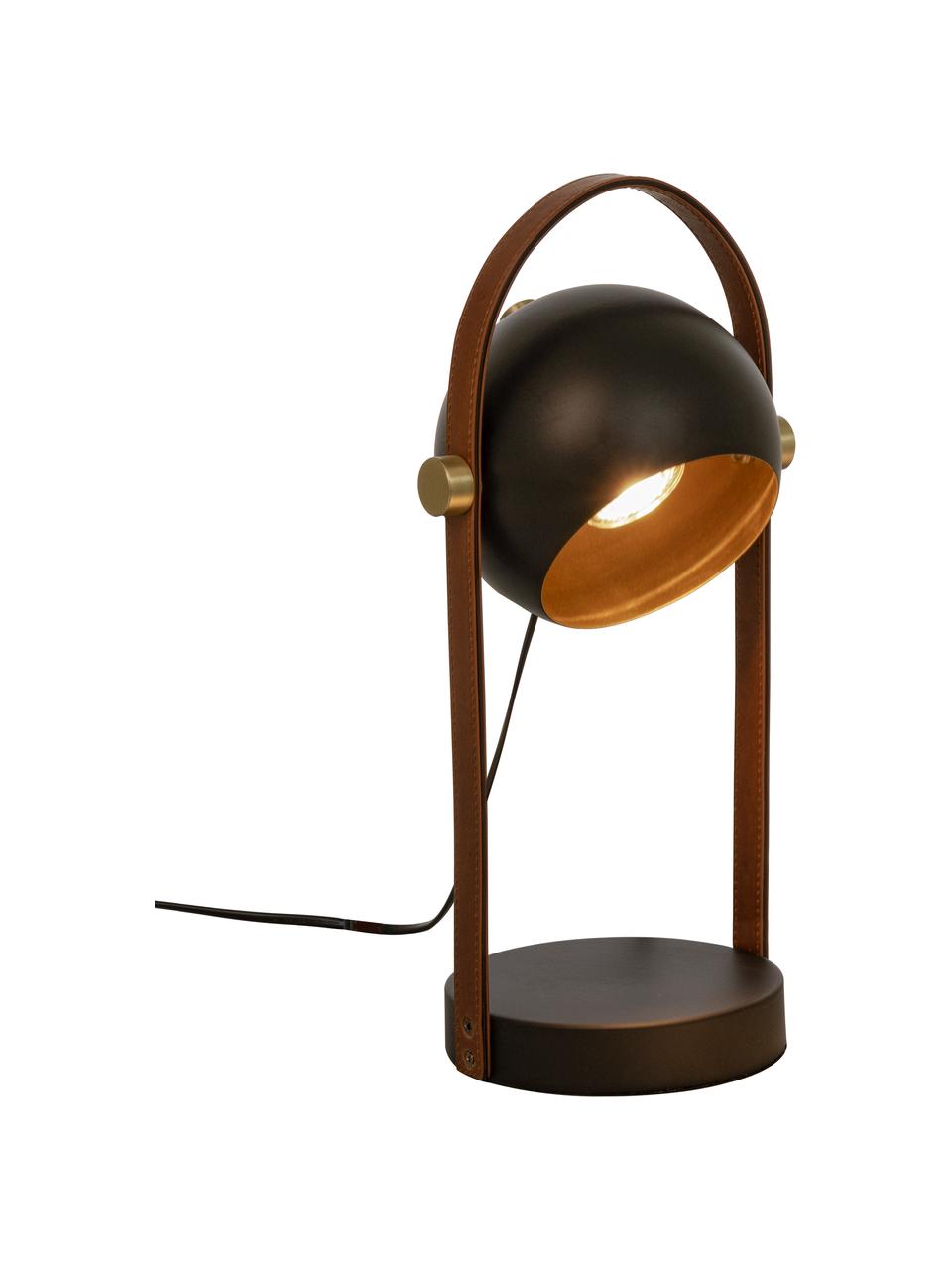 Tafellamp Bow met leren decoratie, Lampenkap: gecoat metaal, Lampvoet: gecoat metaal, Bruin, zwart, B 15 x H 38 cm