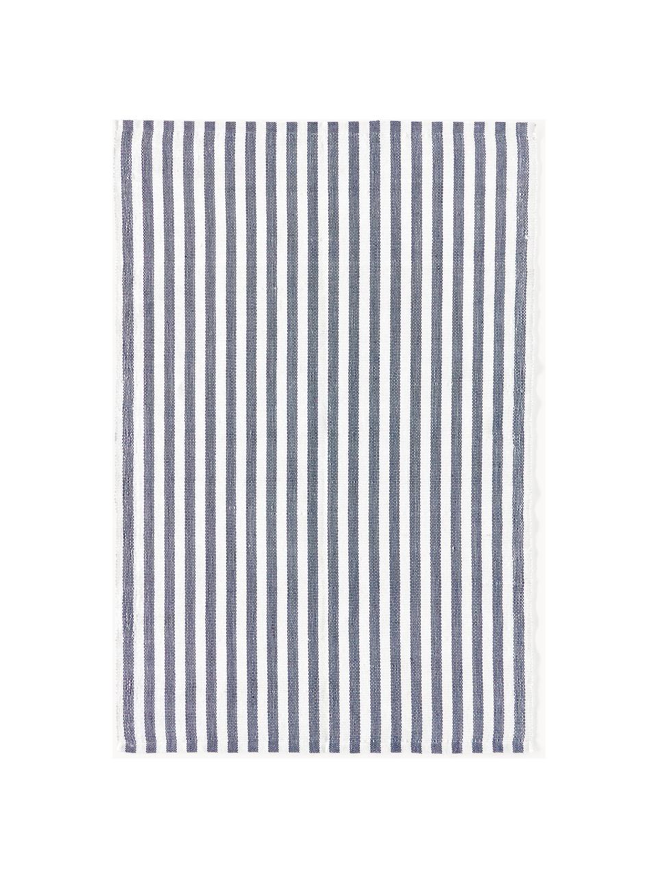 Handgeweven in- & outdoor vloerkleed Lyla, 100% polyester, GRS-gecertificeerd, Wit, donkerblauw, B 80 x L 150 cm (maat XS)