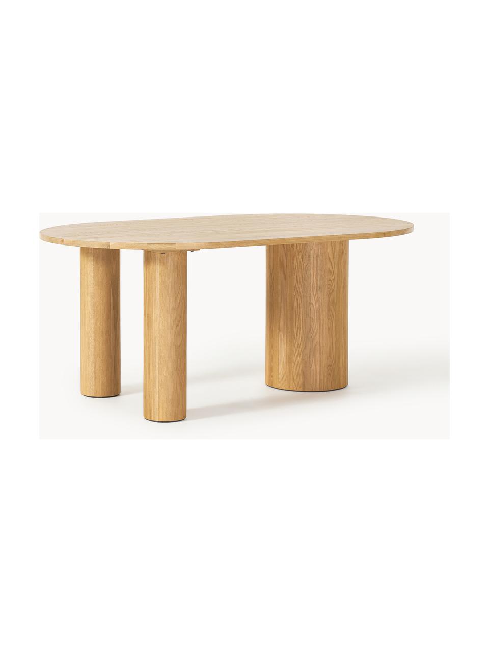 Oválny jedálenský stôl Dunia, 180 x 110 cm, Masívne dubové drevo, ošetrené olejom
Tento produkt je vyrobený z trvalo udržateľného dreva s certifikátom FSC®., Dubové drevo, ošetrené svetlým olejom, Š 180 x H 110 cm
