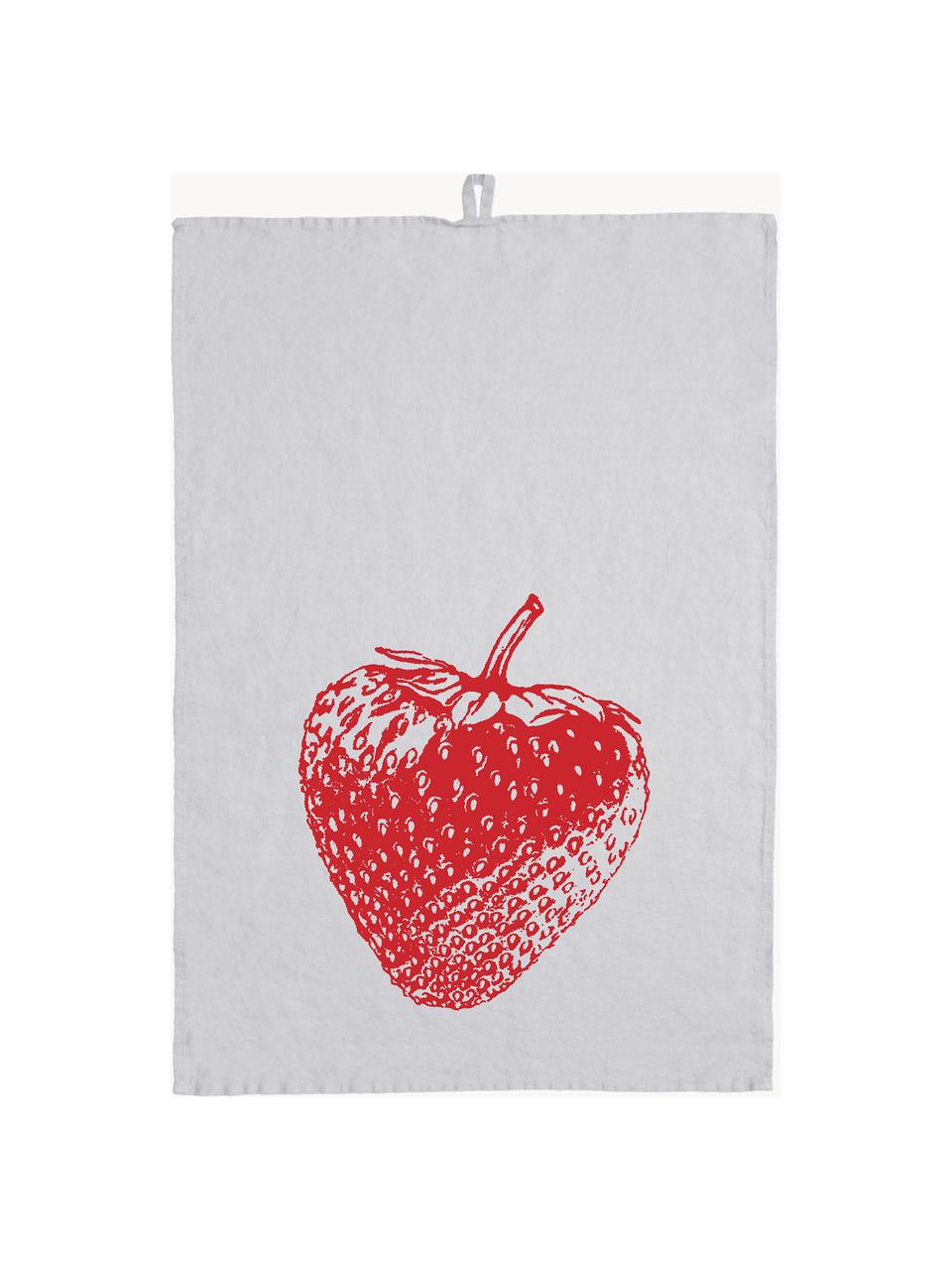 Panno in lino Strawberry, serigrafato a mano, 100% lino, Grigio chiaro, rosso, Larg. 50 x Lung. 70 cm