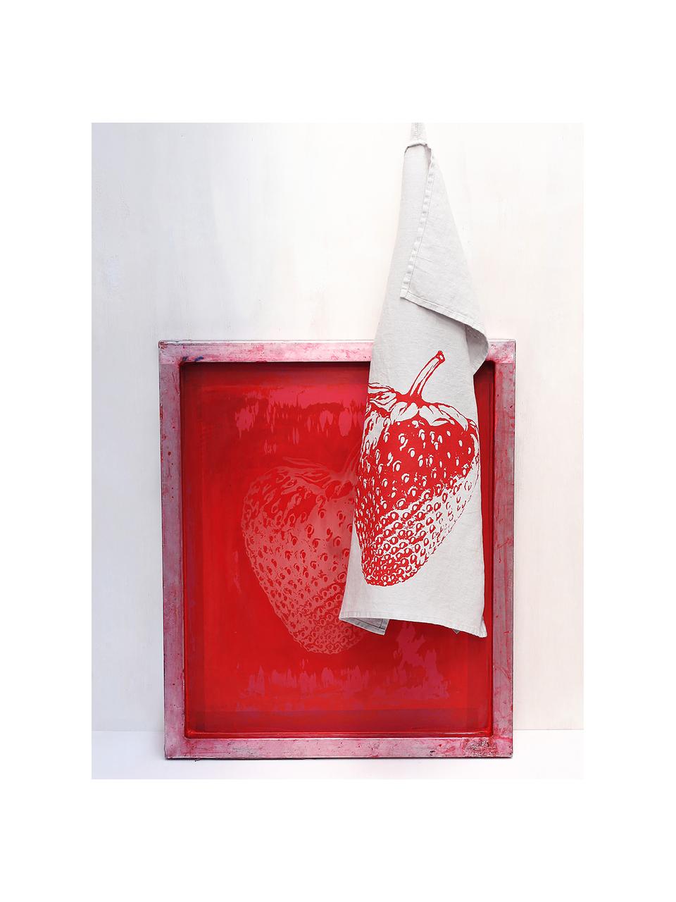 Panno in lino Strawberry, serigrafato a mano, 100% lino, Grigio chiaro, rosso, Larg. 50 x Lung. 70 cm