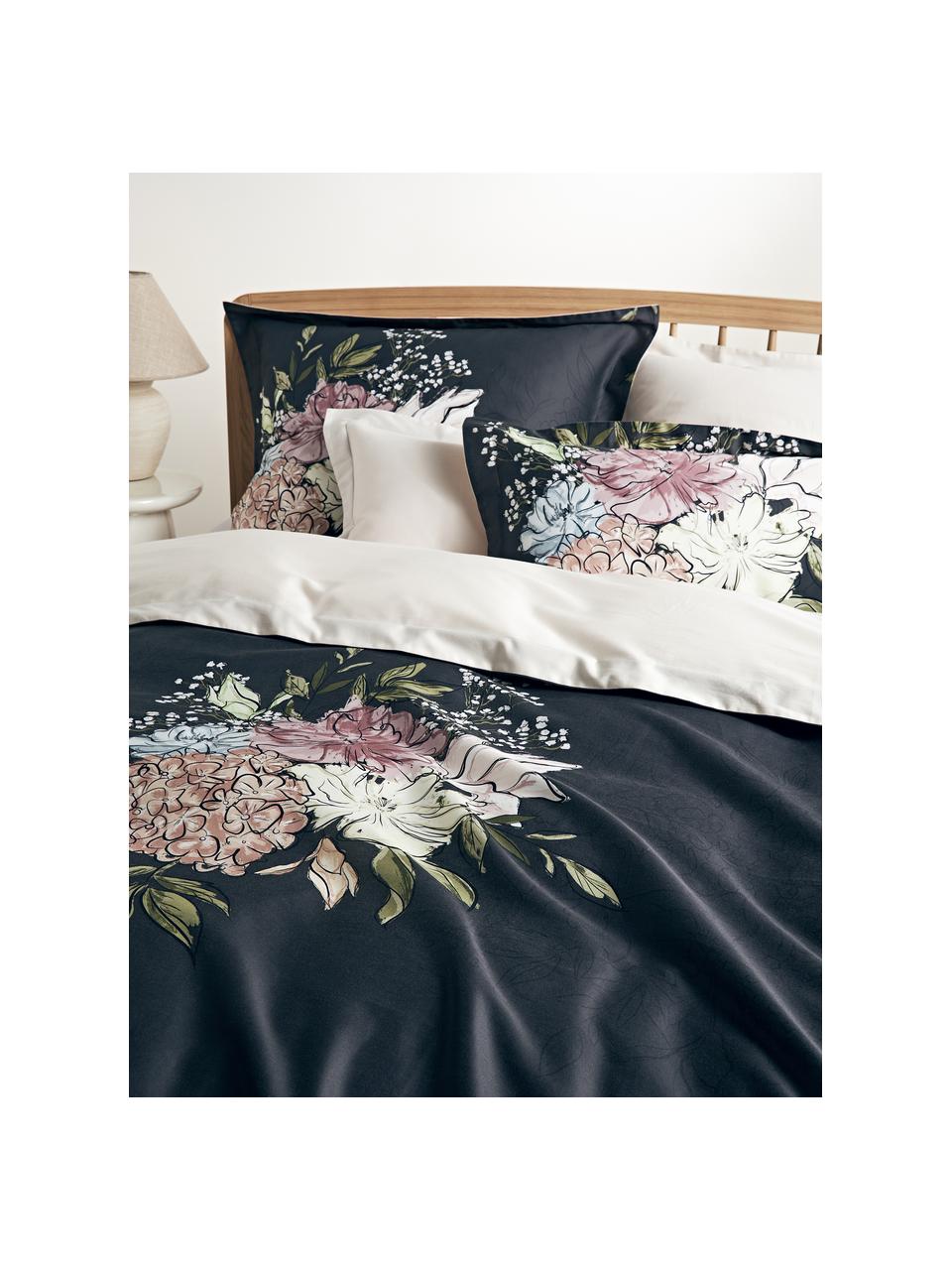 Katoenensatijnen dekbedovertrek Margot met bloemenprint, Weeftechniek: satijn Draaddichtheid 210, Donkerblauw, beige, B 200 x L 200 cm