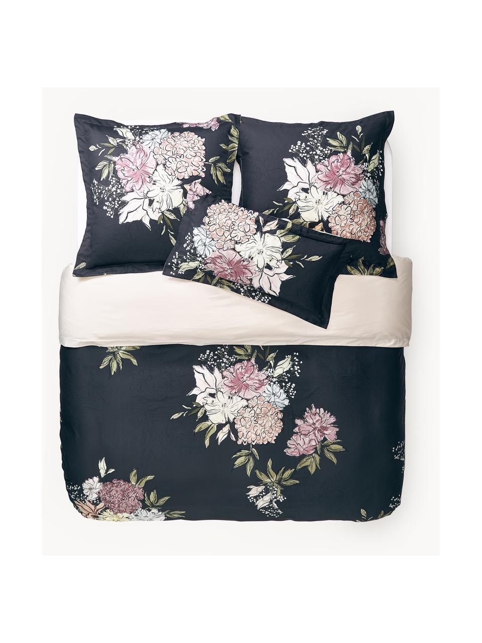 Katoenensatijnen dekbedovertrek Margot met bloemenprint, Weeftechniek: satijn Draaddichtheid 210, Donkerblauw, beige, B 200 x L 200 cm