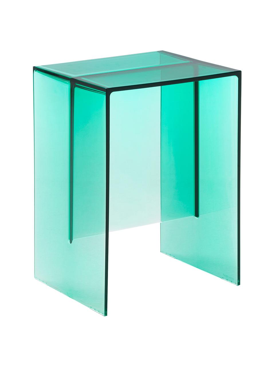 Sgabello/tavolino di design Max-Beam, Vetro acrilico colorato, certificato Greenguard, Acquamarina trasparente, Larg. 33 x Alt. 47 cm
