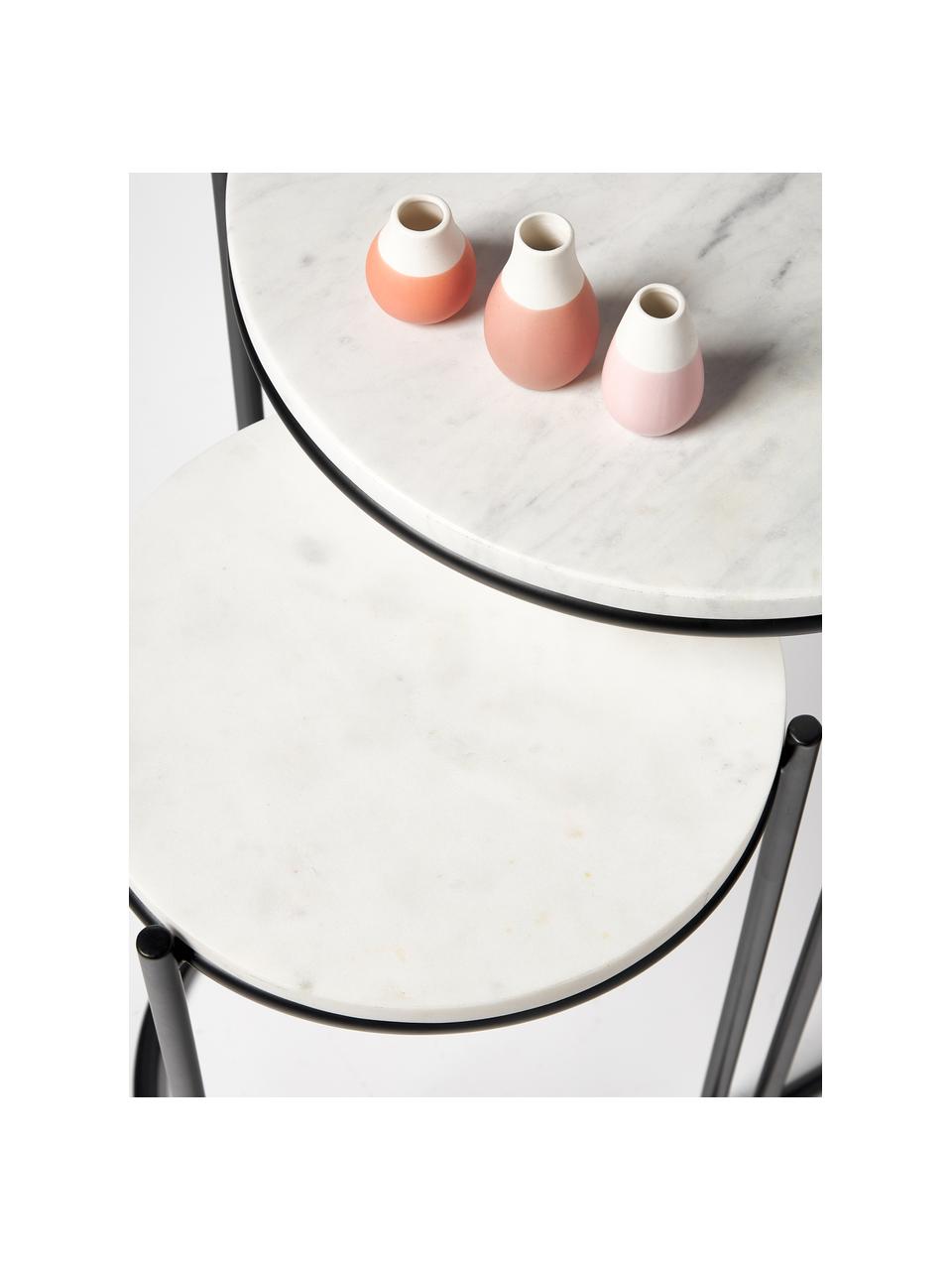 Marmor-Beistelltisch Ella, 2er-Set, Weiß, marmoriert, Schwarz, Set mit verschiedenen Größen