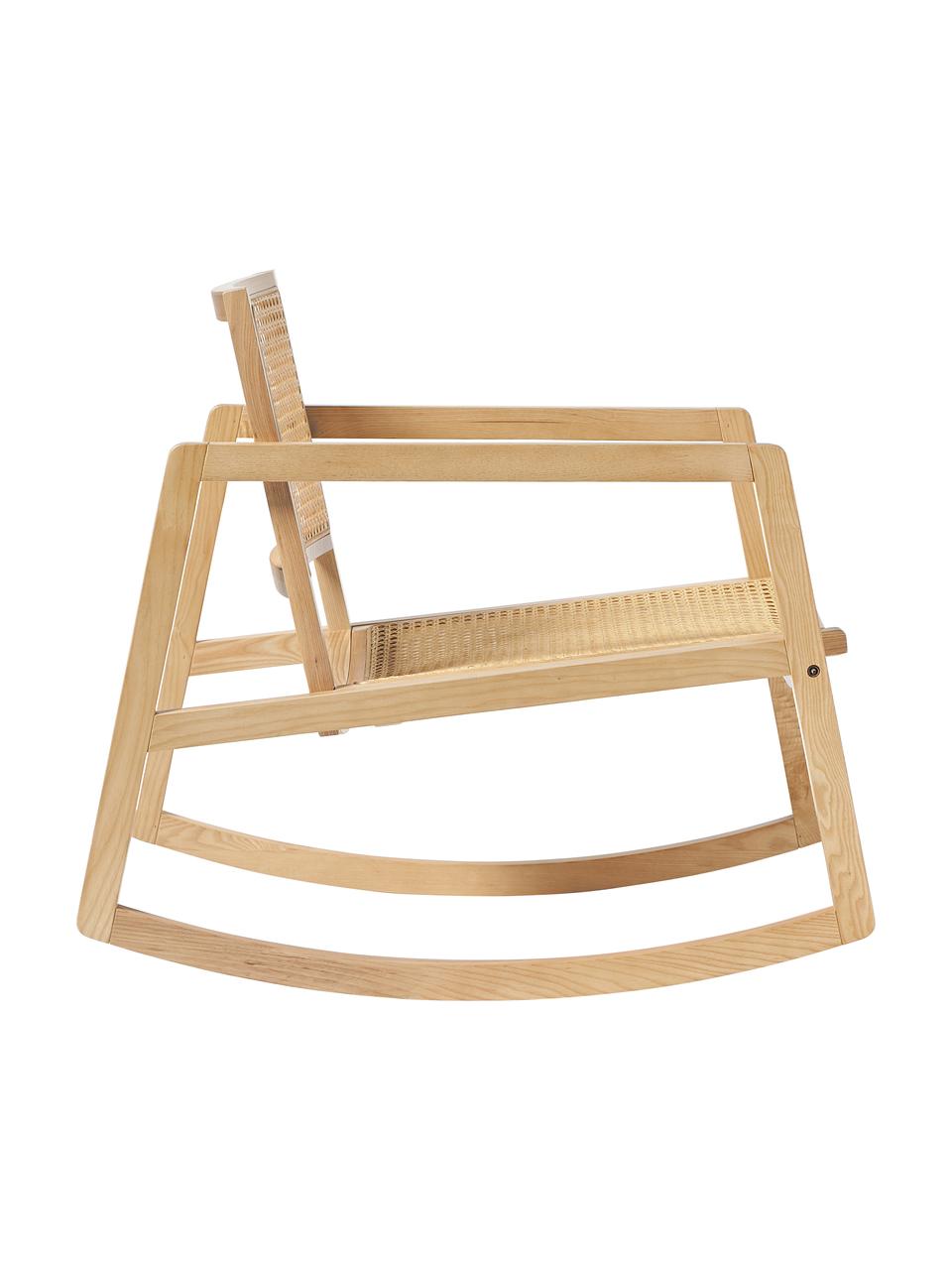 Fotel bujany z drewna jesionowego z rattanowym splotem Craig, Stelaż: lite drewno jesionowe, Drewno jesionowe, S 58 x W 78 cm