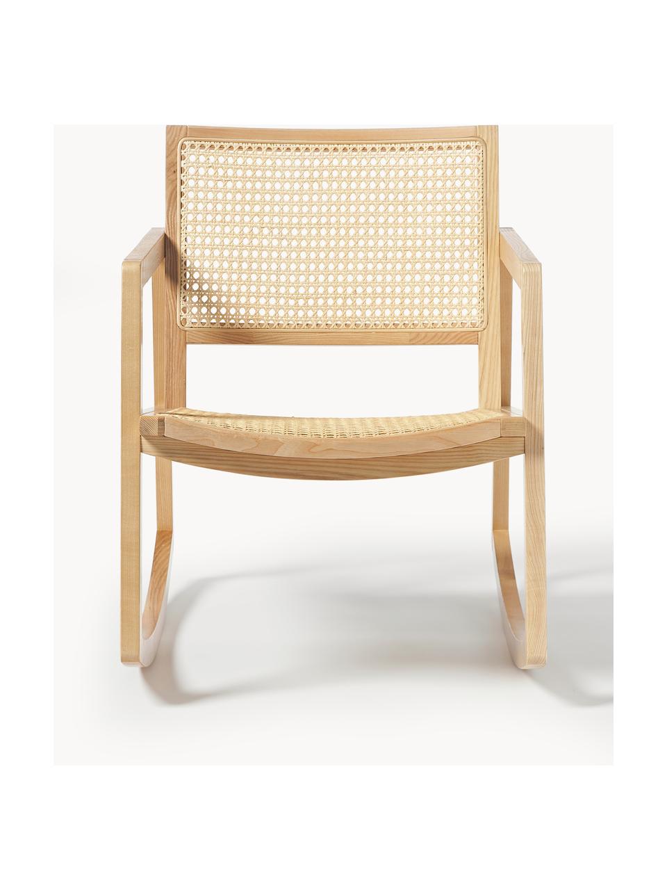 Fotel bujany z drewna jesionowego z rattanowym splotem Craig, Stelaż: lite drewno jesionowe, Drewno jesionowe, S 58 x W 78 cm